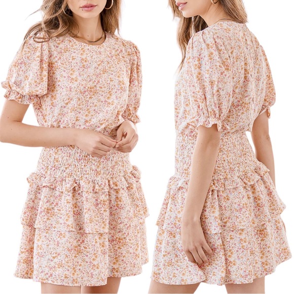 LULUS Isn't She Darling Blush Floral Print Puff Sleeve Mini Dress. Size Large - Picture 1 of 14